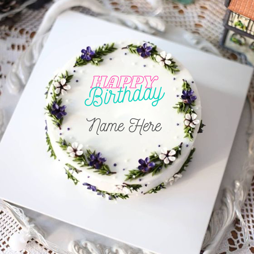 Minimalist Floral Art Name Birthday Wishes Cake