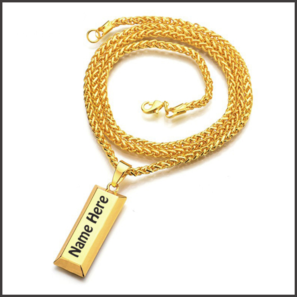 Write Name on Gold Cube Bar With Gold Chain