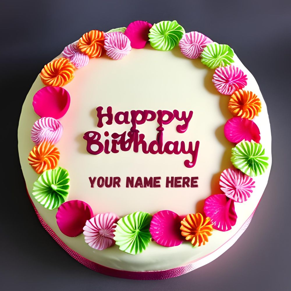 Colourful Happy Birthday Round Cake With Custom Name