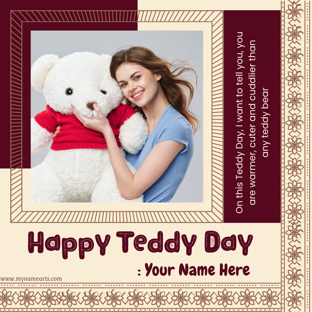 Happy Teddy Day 2024 Romantic Photo Frame With Name